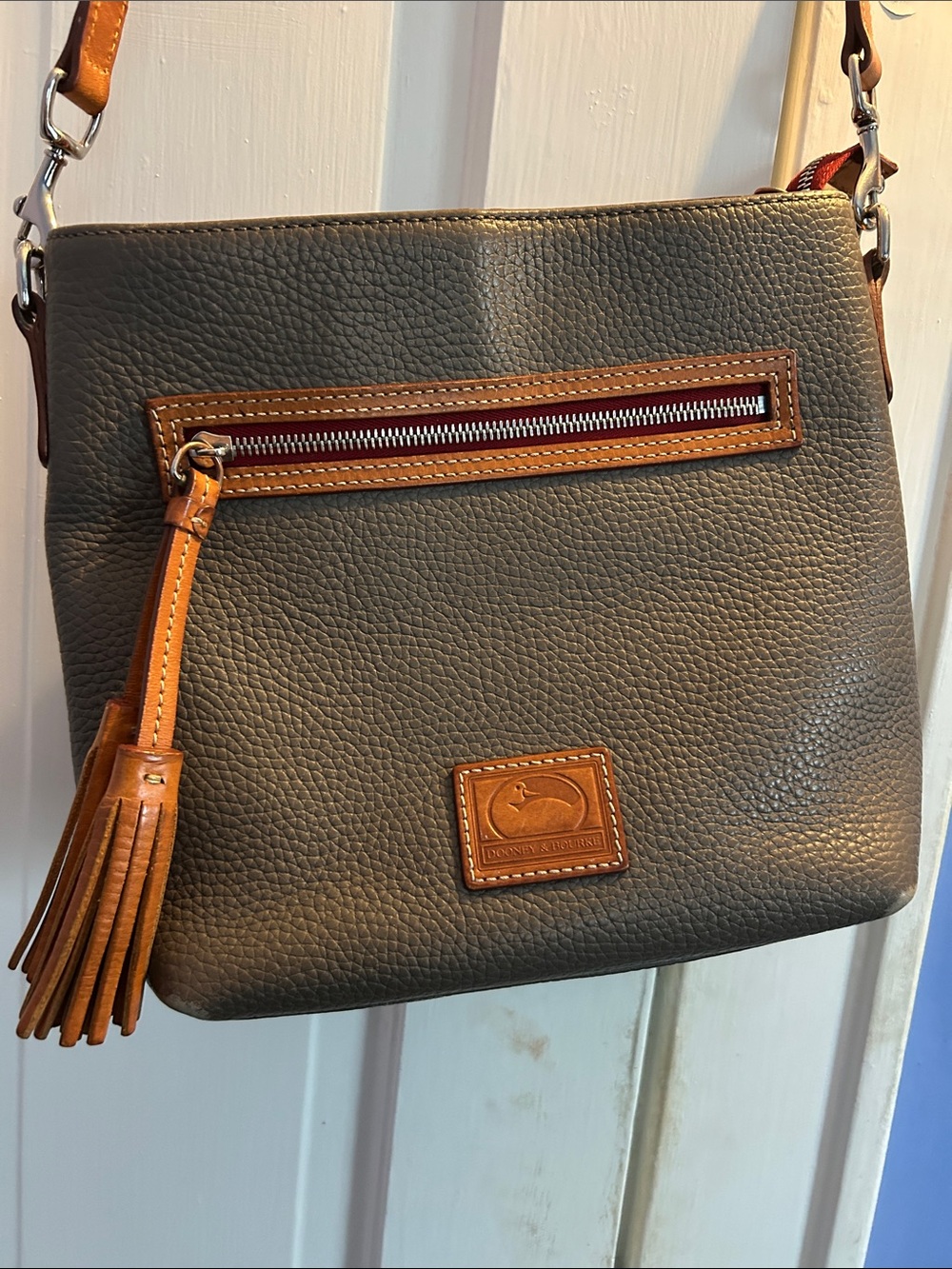 Dooney & Bourke Olive Pebble Leather Crossbody with Tan Trim and Tassel